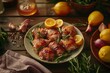 Raw chicken thighs with honey and citrus glaze, styled with fresh lemons and herbs on a wooden table