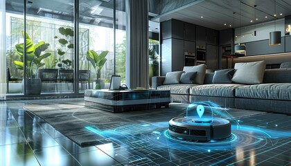 Wall Mural - A futuristic living room with a robot vacuum cleaner in the center by AI generated image