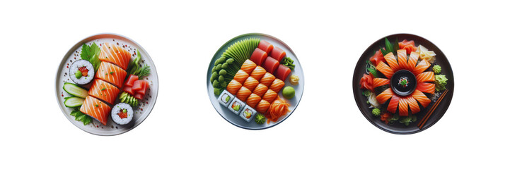 Wall Mural - Set of salmon tuna sushi on a plates top view, illustration, isolated over on transparent white background