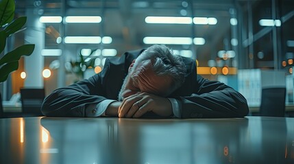 Wall Mural - CEO sleeping on a table with his face down. Exhausted businessman falling asleep at workplace