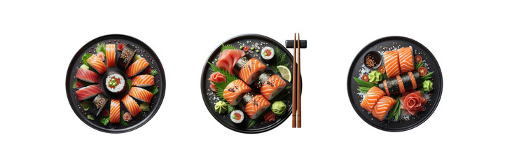 Wall Mural - Set of salmon tuna sushi on a plates top view, illustration, isolated over on transparent white background