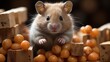 Adorable Hamster Exploring Wooden Blocks and Orange Beads