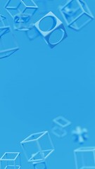 Poster - Abstract 3d blue geometric shapes rotating animation loop. Modern minimalistic background. 3d render, vertical video
