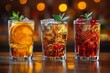 Clearly pictured are three distinct cocktails, each with unique garnishes, against a lively bar backdrop