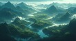 A stunning aerial shot of an ethereal mountainous jungle landscape, with a river running through the middle, lush greenery and misty mountains