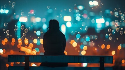 A woman sits on a bench in the city at night