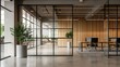 © pier - contemporary office space with wood panels and glass partitions design, modern minimalist office interior with natural light and green plants