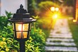 Glowing Garden Lantern Casting a Warm Light on a Cozy Pathway at Sunset, Inviting Tranquility into the Evening, Generative AI