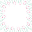 Tulip flowers frame, border. Hand drawn line art illustration. Spring blossoms, pink blooms, decorative florals. Vector design. Mothers Day, Easter, seasonal, botanical drawing