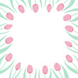 Tulip flowers frame, border. Hand drawn line art illustration. Spring blossoms, pink blooms, decorative florals. Vector design. Mothers Day, Easter, seasonal, botanical drawing