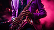 A black saxophonist playing jazz music. Close-up of a musician's hands elegantly holding a saxophone, focusing on the instrument and the details of his violet concert outfit