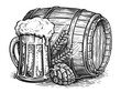 Beer, barrel and mug. Hand drawn sketch illustration for pub, brewery or restaurant menu