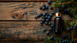 juniper essential oil in a bottle. Selective focus.