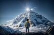small child stands proudly beneath a towering mountain, gazing up at its glowing summit