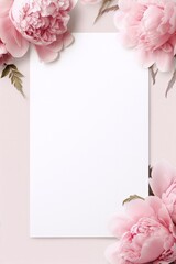 Wall Mural - Pink peonies and blank paper on pink background, floral, art deco, interior, still life