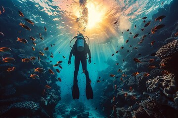 Wall Mural - A scuba diver surrounded by fish and coral reefs with sunbeams piercing through the ocean's surface, showcasing the serene beauty beneath the sea