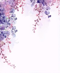 Wall Mural - Delicate watercolor wisteria flowers in shades of purple with a white background in a traditional Japanese style.