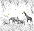 Realistic drawing Mural Wallpaper. Safari Panorama Landscape Wildlife and Forest African Nature, Giraffe, Elephant, Lemur, Monkeys. Liana