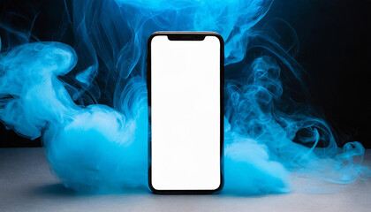 Close-up of smart phone with clean white screen and blue smoke on backdrop. Mockup blank display