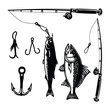 Set of Fishing labels design elements. Rods and fish icons. Design elements for logo. Bass fish vector