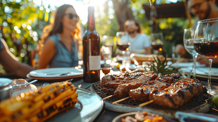 Happy friends having dinner and drinking at sunset outdoors, celebrating a friendship reunion together. Family enjoying lunch or barbecue together.