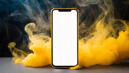 Close-up of smart phone with clean white screen and yellow smoke on backdrop. Mockup blank display