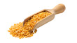 Yellow lentils on wooden scoop on transparent background