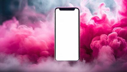 Close-up of smart phone with clean white screen and pink smoke on backdrop. Mockup blank display