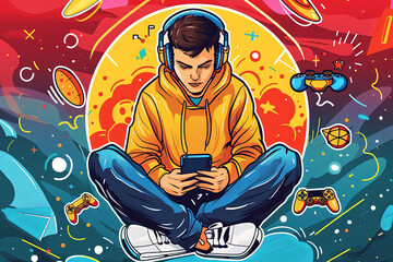 Young man playing video games with headphones