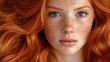   A tight shot of a redhead woman, freckled face and speckled hair