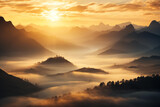 Fototapeta Krajobraz - Serene sunrise over a misty mountain range. Generative AI