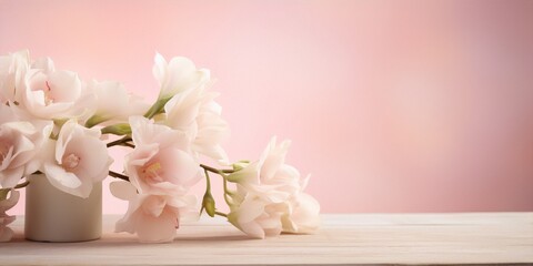 Poster - White and pink flowers in a vase on a wooden table against a pink background. Still life photography.
