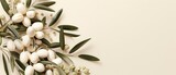 Fototapeta Mapy -   A bouquet of white flowers with green leaves against a beige backdrop Insert text or image here