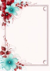 Wall Mural - Delicate red and blue flowers with flourishes on a cream background in a frame, digital art, art nouveau.