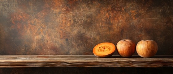 Poster -   A collection of fruits atop a weathered wooden table, adjacent to a painting depicting a rustic, brown-hued wall