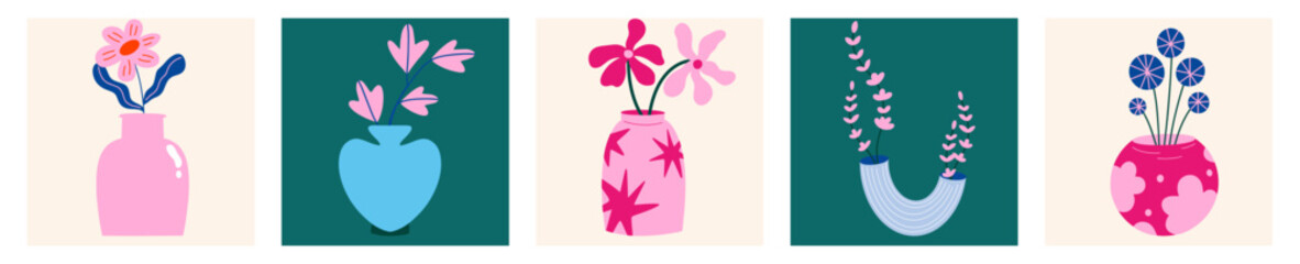 Wall Mural - collection of various abstract plants in geometric vases. different types of flower bouquets vector 