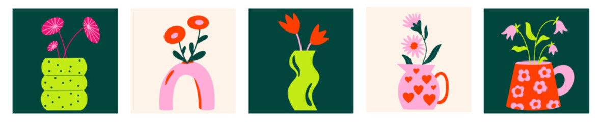 Wall Mural - collection of various abstract plants in geometric vases. different types of flower bouquets vector 