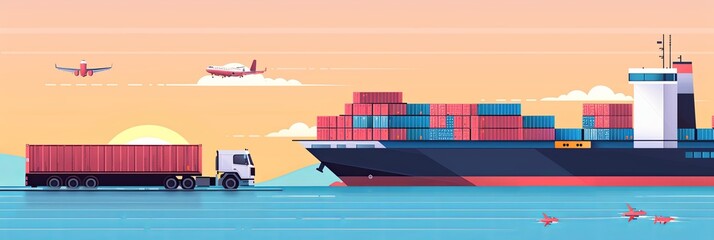 Wall Mural - Freight transport, cargo transportation of goods by sea, rail, land and air, transportation and logistics banner illustration