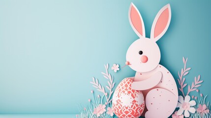 Wall Mural - A paper rabbit is holding a colorful Easter egg and a beautiful flower to celebrate the happy event of Easter. The creative arts of plant and organism adaptation can be seen in this artwork AIG42E