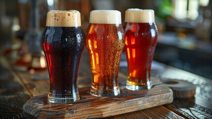 Wall Mural -   Three glasses of beer and one next to a bottle of wine on a wooden table