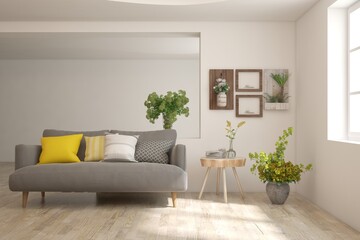 Wall Mural - White living room with sofa. Scandinavian interior design. 3D illustration