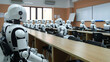 robots are trained at desks in the classroom. Robots are replacing humans. robot training
