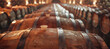 Vintage Wine Barrels Lined Up in Atmospheric Cellar