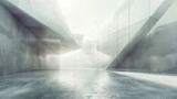 Fototapeta Na sufit - A 3D render of abstract futuristic glass architecture with an empty concrete floor