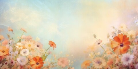 Wall Mural - AI Generated. AI Generative. Vintage retro soft painting drawing watercolor oil floral flowers decorative bloom field wild flowers template. Graphic Art