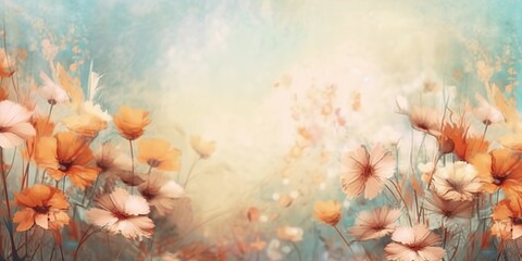 Wall Mural - AI Generated. AI Generative. Vintage retro soft painting drawing watercolor oil floral flowers decorative bloom field wild flowers template. Graphic Art