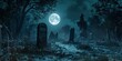 a graveyard with a full moon in the background