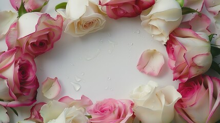 Sticker - pastel tones,bright tone,several pink and white roses with petals surrounding a white paper