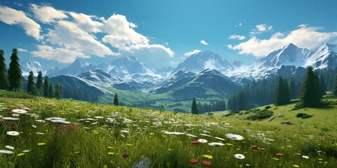 Wall Mural - AI Generated. AI Generative. Green nature outdoor adventure vacation countryside landscape background meadow field with mountains hills. Graphic Art