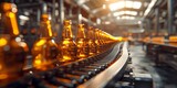 Fototapeta Natura - Brown glass bottles on a conveyor belt. Modern production line, beer bottling plant. Generative AI